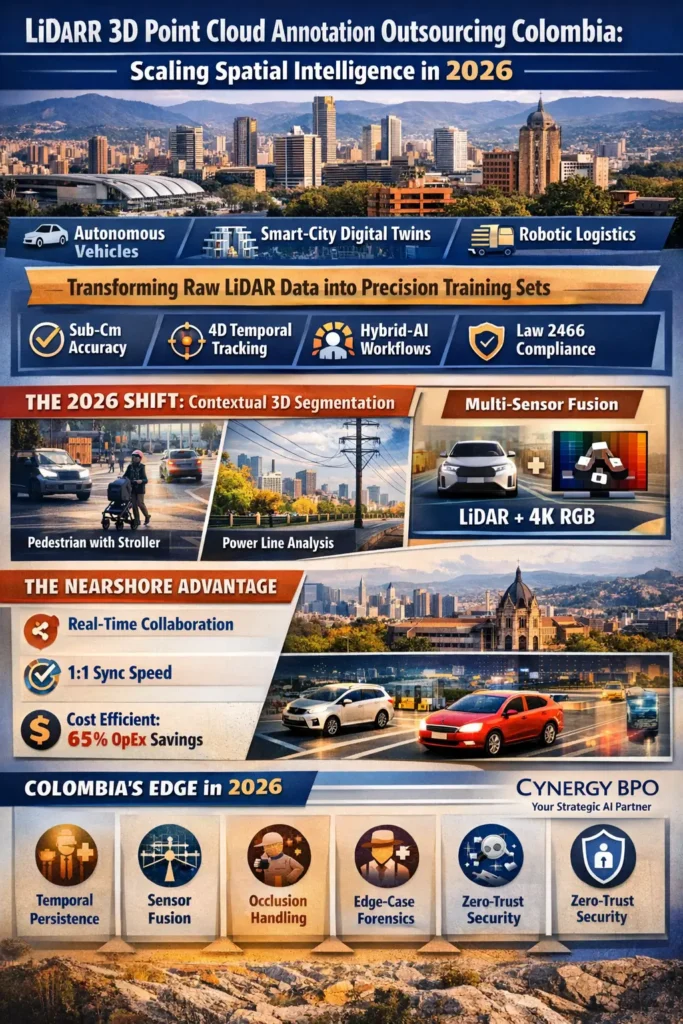 LiDAR 3D point cloud annotation outsourcing in Colombia infographic showing sub-centimeter accuracy, 4D temporal tracking, multi-sensor fusion, and nearshore collaboration benefits for autonomous vehicles and smart city AI in 2026.
