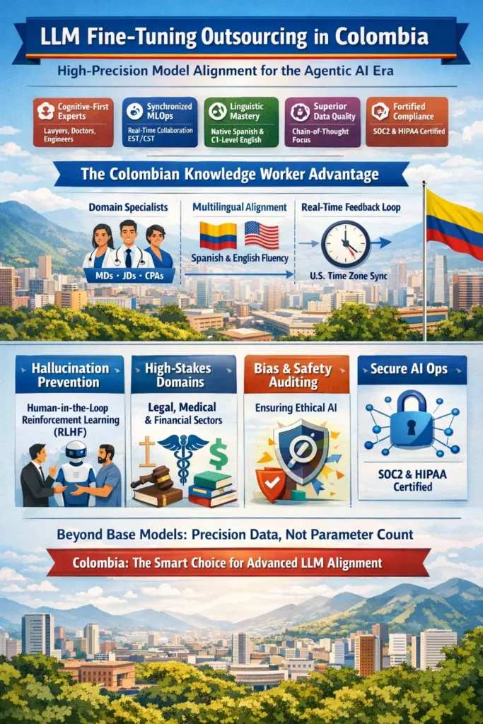 LLM fine-tuning outsourcing in Colombia infographic highlighting cognitive experts, RLHF workflows, multilingual alignment, real-time collaboration, and secure AI operations for high-precision model training.
