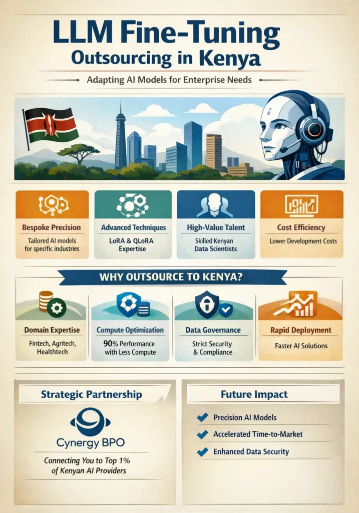Infographic titled “LLM Fine-Tuning Outsourcing in Kenya” highlighting bespoke AI model adaptation, LoRA/QLoRA efficiency, skilled Kenyan AI talent, cost savings, data governance, rapid deployment, and strategic partnerships for enterprise AI success.
