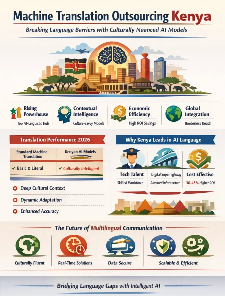 Infographic titled “Machine Translation Outsourcing Kenya” illustrating AI-driven translation with cultural intelligence, featuring Kenyan tech ecosystem visuals, key benefits like contextual accuracy, high ROI, global scalability, and a comparison between standard translation and culturally nuanced AI models.