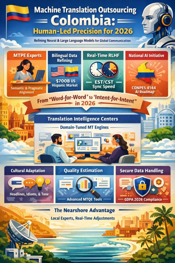 Infographic showing Machine Translation Training Outsourcing in Colombia for 2026, highlighting MTPE mastery, bilingual data refinement, real-time RLHF calibration, AI sovereignty under CONPES 4144, zero-possession security, and lifecycle stages like data denoising, idiomatic mapping, bias filtering, and adversarial testing.