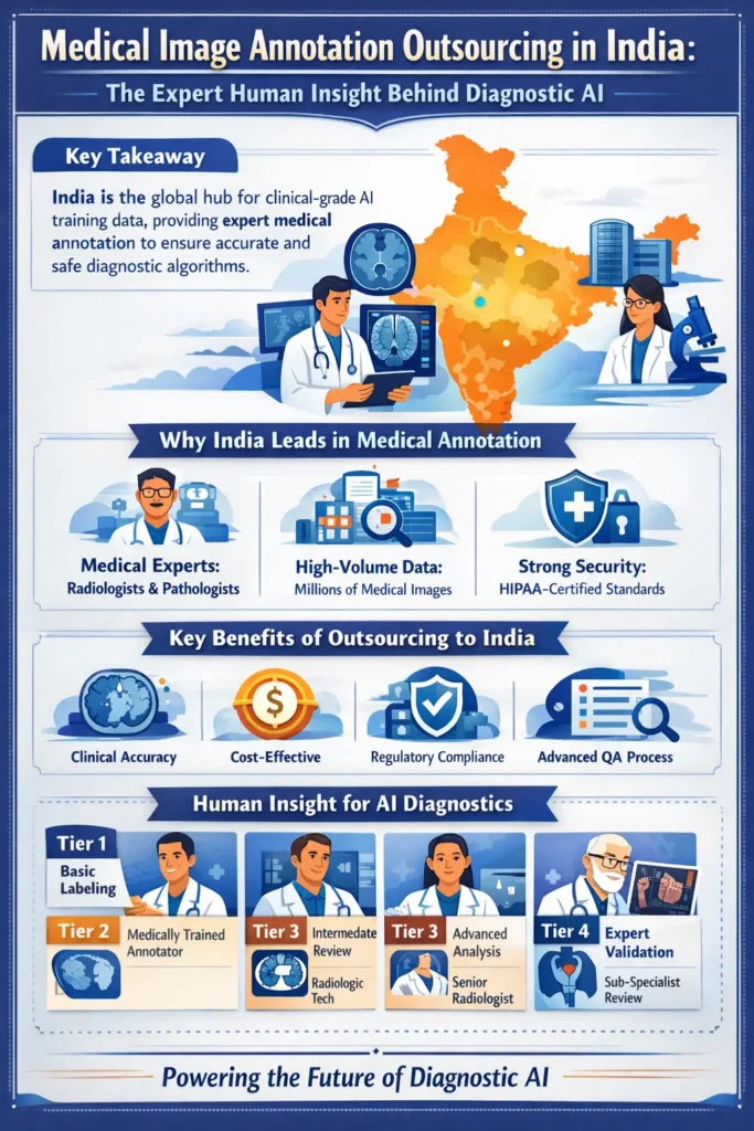 Infographic illustrating medical image annotation outsourcing in India, highlighting radiologists and pathologists labeling X-rays, MRIs, and pathology images, multi-tier clinical annotation roles, HIPAA-secure environments, and the role of human expertise in training accurate diagnostic AI.
