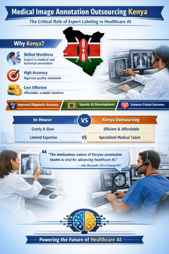 Infographic showing Kenya as a leading hub for medical image annotation outsourcing, emphasizing specialized talent, high-precision labeling, scalable operations, cost efficiency, and its role in improving AI-driven diagnostics and patient outcomes.
