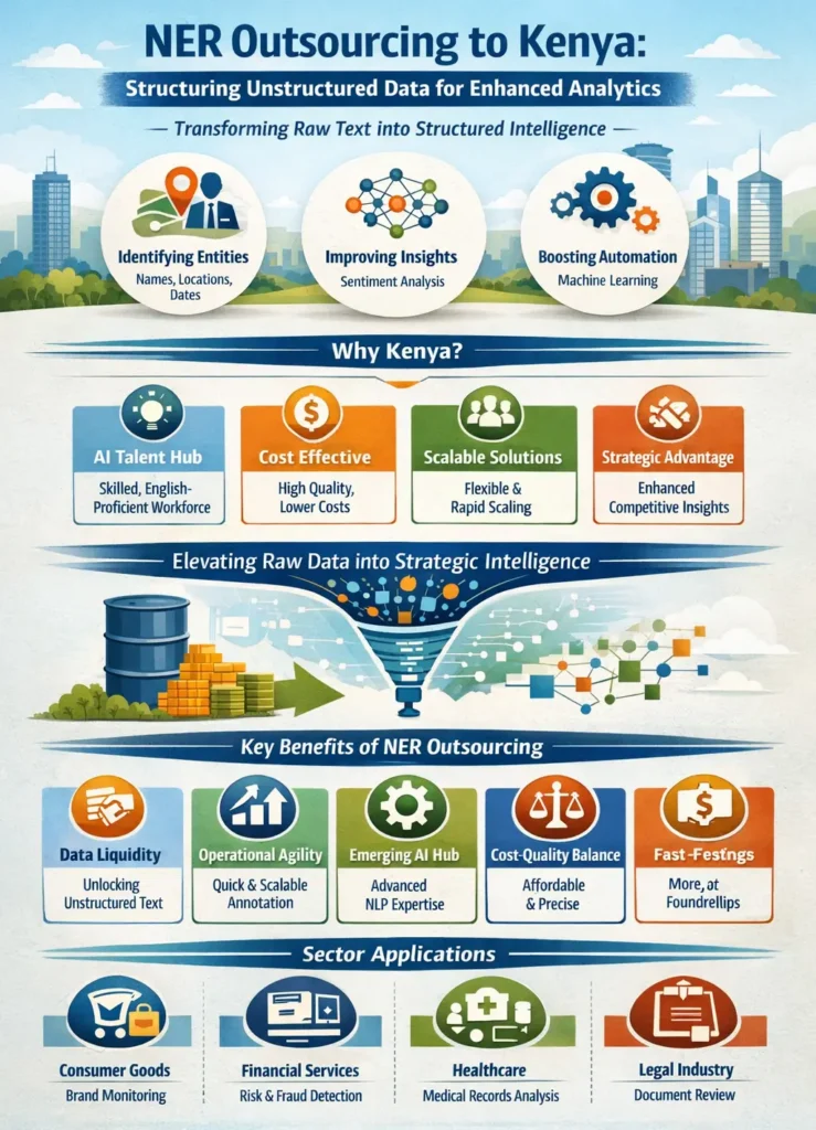 Infographic showing how NER outsourcing to Kenya converts raw text into structured data by identifying entities like names, locations, and dates, highlighting benefits such as data liquidity, scalable AI talent, cost efficiency, and applications across consumer goods, finance, healthcare, and legal industries.