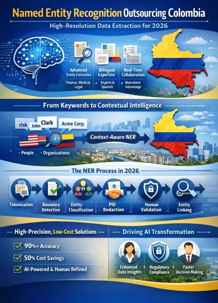 Named Entity Recognition (NER) Outsourcing Colombia infographic showing 2026 benefits including 90–95% accuracy, bilingual entity extraction, real-time validation, PII redaction, knowledge graph integration, and 50% cost savings.