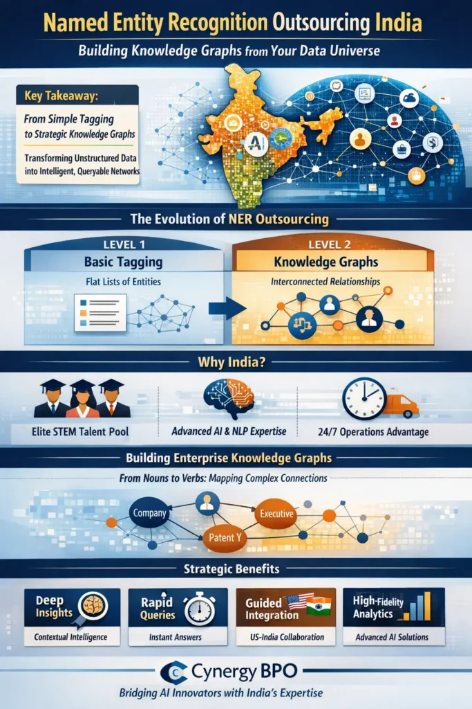 Infographic showing how Named Entity Recognition (NER) outsourcing in India transforms unstructured data into enterprise knowledge graphs by identifying entities and mapping relationships to generate actionable business intelligence.