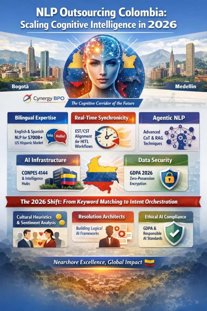 Infographic showing Natural Language Processing (NLP) outsourcing in Colombia for 2026, highlighting bilingual English-Spanish expertise, real-time nearshore collaboration (EST/CST), agentic NLP techniques (CoT and RAG), AI infrastructure under CONPES 4144, GDPA-compliant data security, and the shift from keyword matching to intent orchestration.