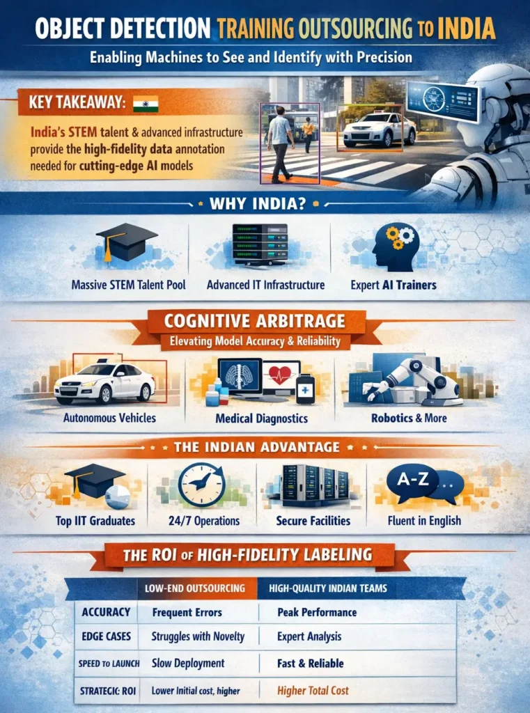Infographic titled “Object Detection Training Outsourcing to India” showing how Indian AI trainers provide high-fidelity data annotation for computer vision, highlighting STEM talent, advanced infrastructure, cognitive arbitrage, and improved AI accuracy across industries like autonomous vehicles, medical diagnostics, and robotics.