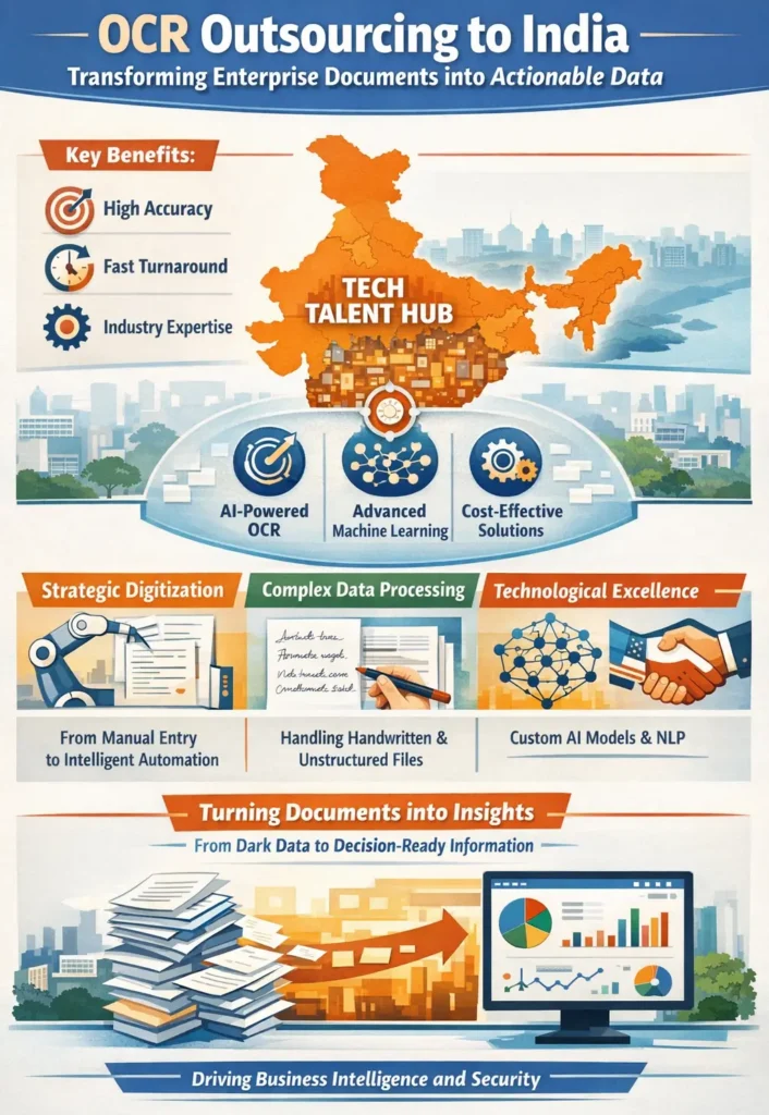 Infographic showing OCR outsourcing to India, highlighting AI-powered document digitization, advanced machine learning, high-accuracy data extraction, and the transformation of unstructured documents into actionable business intelligence.