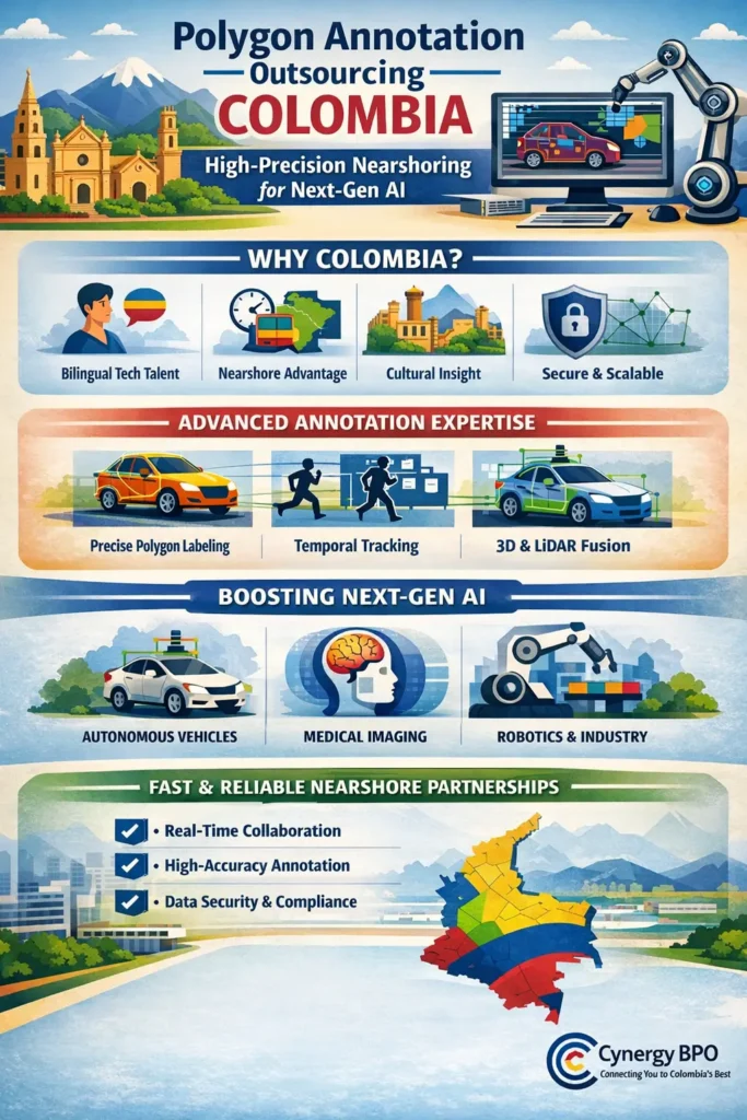 Polygon Annotation Outsourcing Colombia infographic showing high-precision AI data labeling, bilingual talent, nearshore collaboration, secure workflows, and advanced capabilities like temporal tracking and 3D LiDAR fusion for next-generation computer vision.