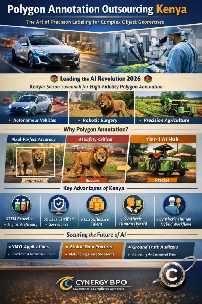 Polygon Annotation Outsourcing Kenya infographic showing precision AI labeling for autonomous vehicles, robotics, and agriculture, highlighting pixel-perfect accuracy, STEM talent, and hybrid human-AI workflows.
