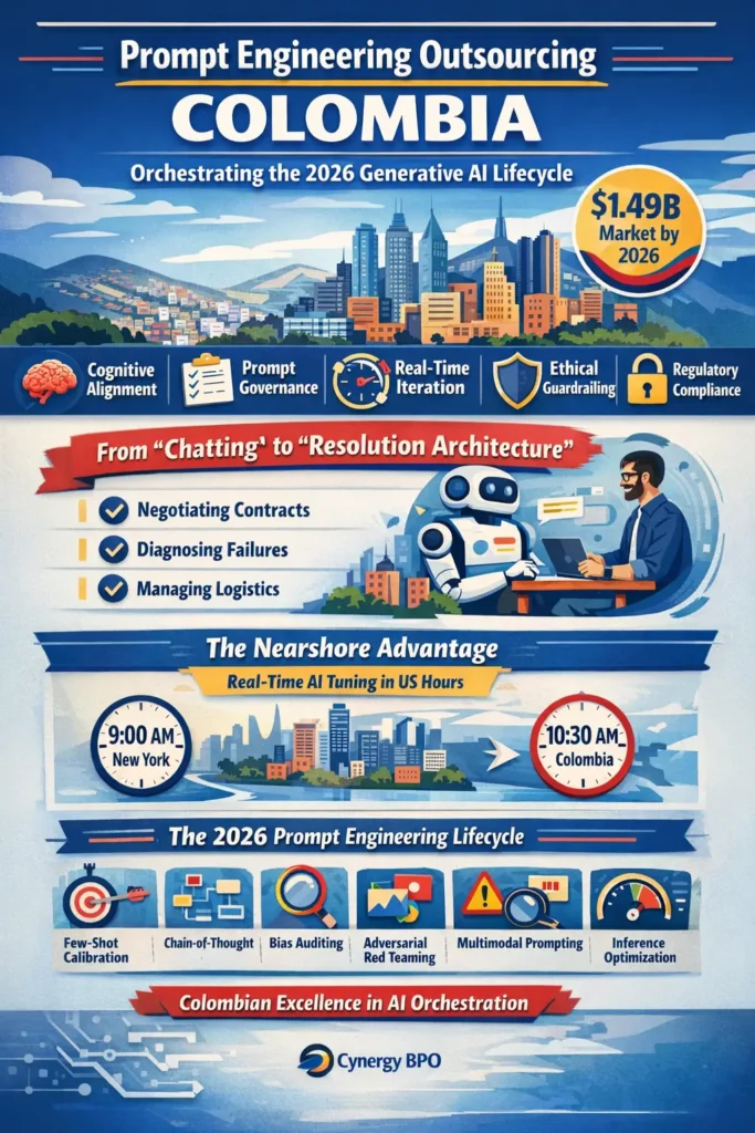 Infographic showing Prompt Engineering Outsourcing in Colombia for 2026, highlighting cognitive alignment, prompt governance, real-time iteration, ethical guardrails, regulatory compliance, and the full AI prompt lifecycle including few-shot calibration, chain-of-thought design, and adversarial testing.