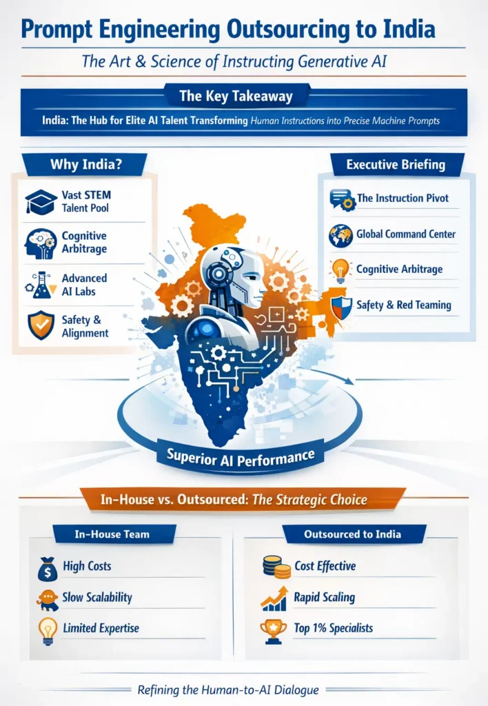 Infographic illustrating prompt engineering outsourcing to India, highlighting India’s STEM talent pool, cognitive arbitrage, AI safety and red teaming, and the strategic advantages of outsourcing versus in-house AI prompt engineering teams.