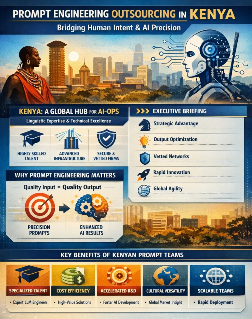 Infographic titled “Prompt Engineering Outsourcing in Kenya” illustrating Kenya as a global AI-ops hub, highlighting skilled talent, advanced infrastructure, vetted firms, and key benefits such as cost efficiency, accelerated R&D, cultural versatility, and scalable prompt engineering teams for optimizing AI performance.