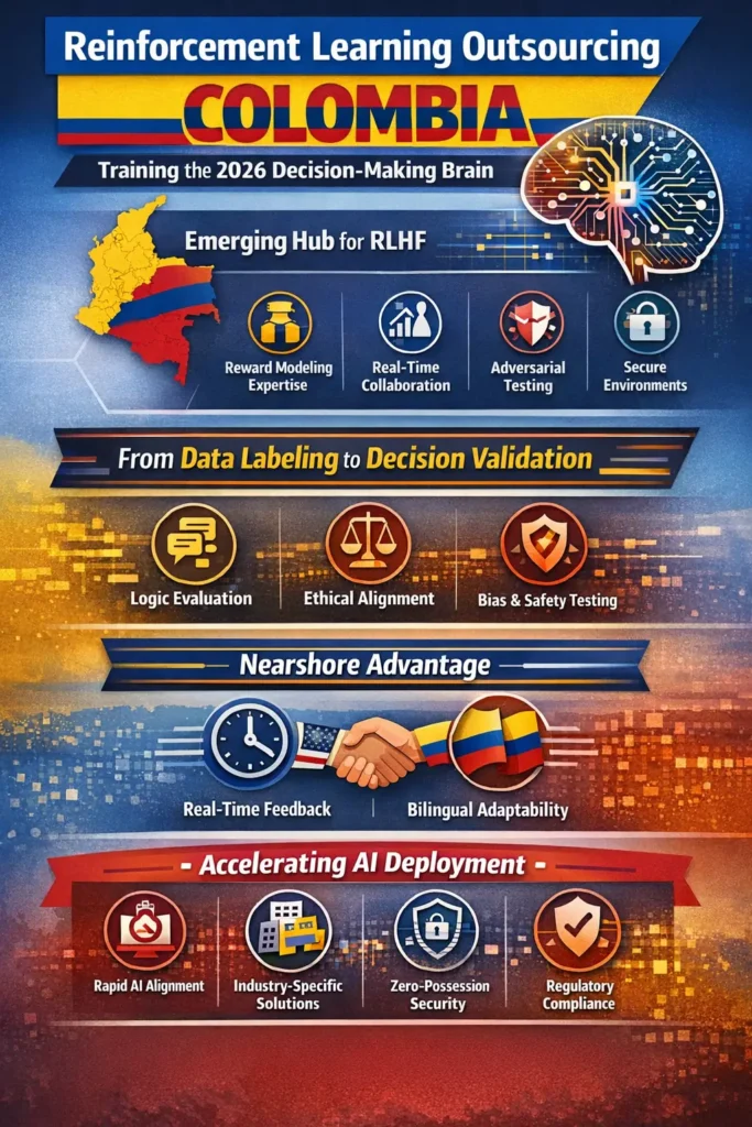Infographic showing Colombia as a global hub for reinforcement learning outsourcing (RLHF), highlighting reward modeling, real-time collaboration, adversarial testing, secure environments, decision validation, ethical AI alignment, and accelerated AI deployment in 2026.