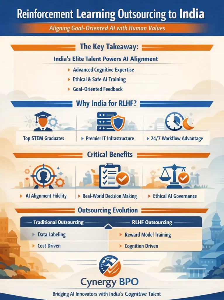 Infographic illustrating reinforcement learning outsourcing to India, highlighting RLHF, elite STEM talent from IITs/IISc, human-in-the-loop AI alignment, reward model training, and the shift from traditional data labeling to high-cognition AI evaluation for safe goal-oriented systems.