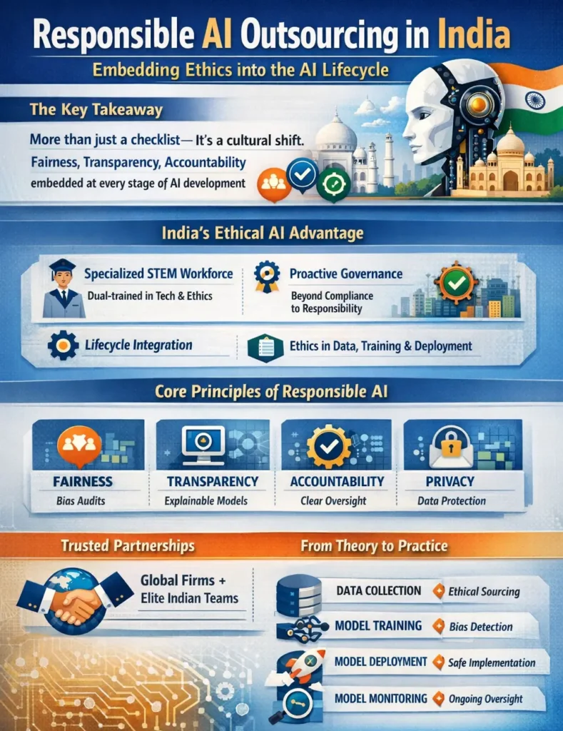 Infographic titled “Responsible AI Outsourcing in India: Embedding Ethics into the AI Lifecycle,” illustrating key principles—fairness, transparency, accountability, and privacy—alongside India’s ethical AI advantages such as a specialized STEM workforce, proactive governance, lifecycle integration, and ethical AI practices across data collection, model training, deployment, and monitoring.