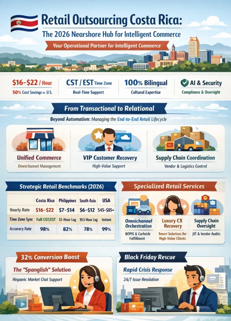 Retail outsourcing Costa Rica infographic showing $16–$22/hour pricing, 50% cost savings, bilingual workforce, CST/EST real-time support, AI-assisted retail operations, omnichannel commerce, supply chain coordination, and 32% conversion uplift case study.
