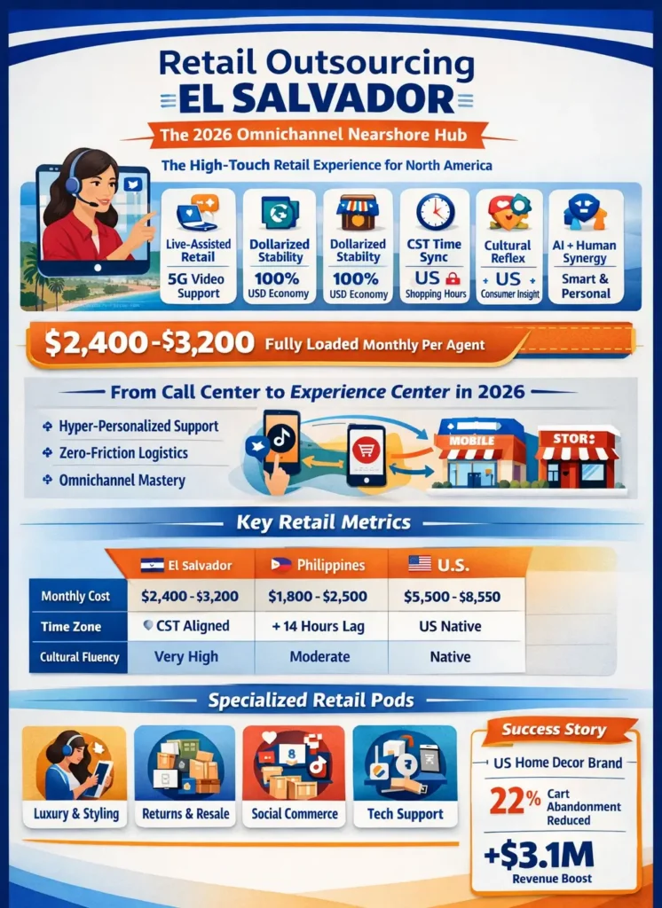 Retail outsourcing in El Salvador infographic showing 2026 omnichannel support model, $2,400–$3,200 monthly cost, CST time alignment, AI-human retail orchestration, and comparison with Philippines and U.S. operations.