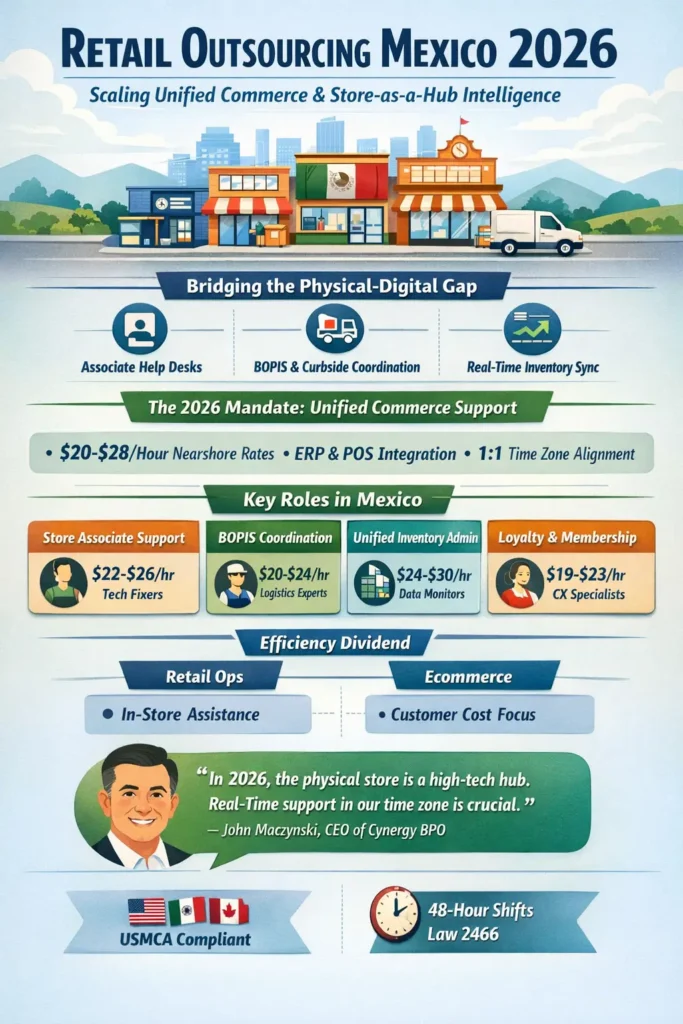 Retail outsourcing Mexico 2026 infographic showing unified commerce support, BOPIS coordination, real-time inventory management, and 50% cost savings through nearshore retail operations.
