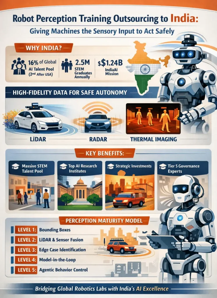 Infographic showing robot perception training outsourcing to India, featuring statistics on India’s AI talent pool, STEM graduates, and the IndiaAI Mission, alongside visual examples of LiDAR, radar, and thermal imaging data used to train autonomous robots, plus a five-level maturity model for perception annotation from bounding boxes to agentic behavioral governance.