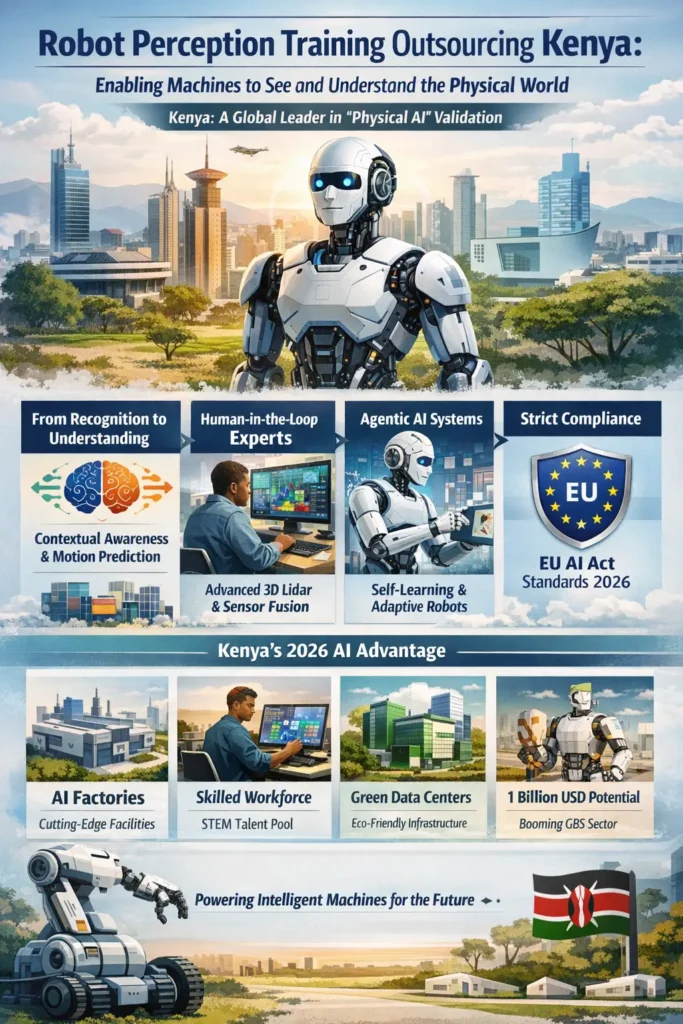 Robot perception training outsourcing in Kenya infographic showing AI data annotation, human-in-the-loop validation, multimodal sensor fusion, and EU AI Act compliance for robotics.