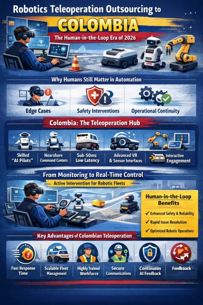 Robotics teleoperation outsourcing in Colombia showing AI pilots remotely controlling robots, low-latency connectivity, real-time intervention, fleet management, and human-in-the-loop support for autonomous systems in 2026.