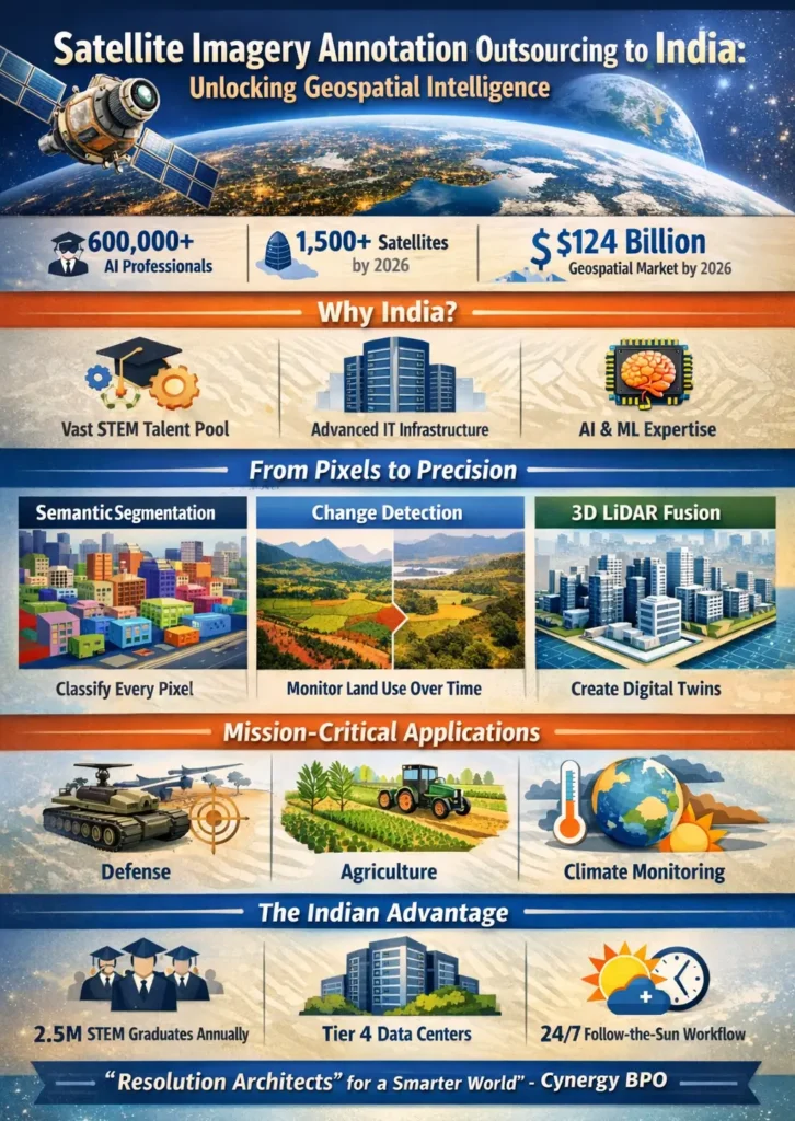 Infographic showing satellite imagery annotation outsourcing to India, highlighting 600,000+ AI professionals, 2.5M STEM graduates, $124B geospatial analytics market, 1,500+ satellites generating data, and multi-tier services including semantic segmentation, change detection, and 3D LiDAR fusion for geospatial intelligence.