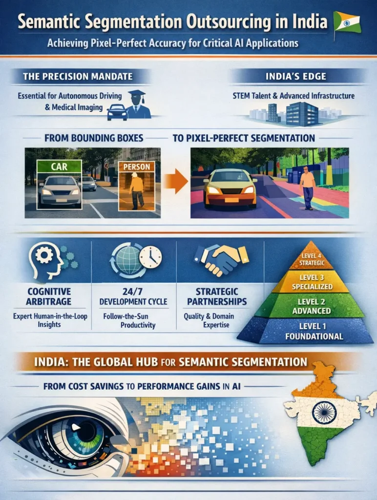 Infographic showing the evolution from bounding box labeling to pixel-perfect semantic segmentation, highlighting India’s STEM workforce, human-in-the-loop annotation, 24/7 AI development cycle, and a maturity model for high-precision AI training used in autonomous driving and medical imaging.