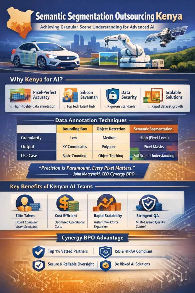 Semantic segmentation outsourcing Kenya infographic showing pixel-level AI annotation, data labeling comparison, benefits like scalability and cost efficiency, and Cynergy BPO governance advantage.
