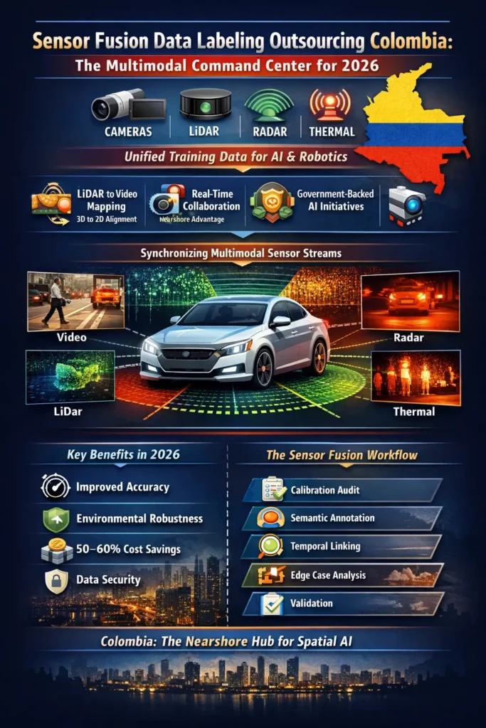 Sensor fusion data labeling outsourcing in Colombia infographic showing multimodal AI workflows, LiDAR-video alignment, spatio-temporal synchronization, human-in-the-loop validation, and 50–60% cost savings for 2026 AI systems.