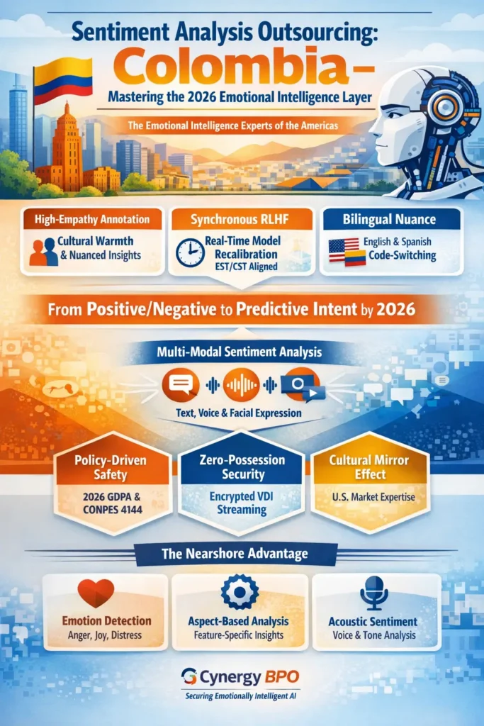 Sentiment Analysis Outsourcing Colombia infographic showing emotional AI training benefits, including high-empathy annotation, bilingual English-Spanish analysis, synchronous RLHF, multi-modal sentiment detection (text, voice, facial), predictive intent modeling, and zero-possession security frameworks for 2026.