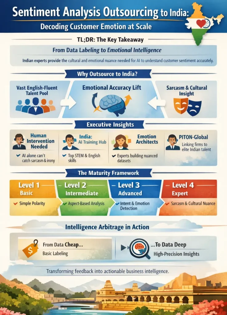 Infographic showing how sentiment analysis outsourcing to India improves AI emotional intelligence through expert human annotation, cultural nuance detection, and a four-level maturity model from basic polarity to sarcasm and contextual understanding.