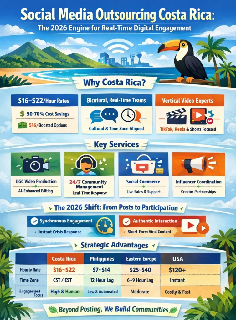 Infographic showing how social media outsourcing in Costa Rica delivers real-time engagement, 50–70% cost savings, <10-minute response times, and higher engagement through vertical video, community management, and AI-human hybrid strategie