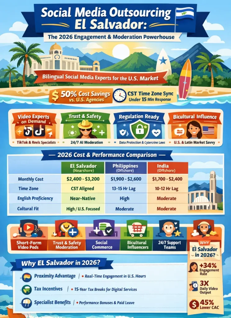 Social media outsourcing in El Salvador infographic showing 2026 engagement and moderation model, including cost savings, CST time zone alignment, bilingual content creation, trust and safety moderation, social commerce support, and comparison with Philippines and India outsourcing markets.