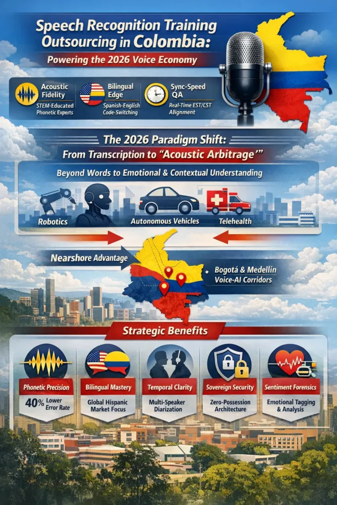 Infographic showing Speech Recognition Training Outsourcing in Colombia for 2026, highlighting acoustic fidelity, bilingual AI training, real-time RLHF, agentic voice supervision, and secure zero-possession architecture.