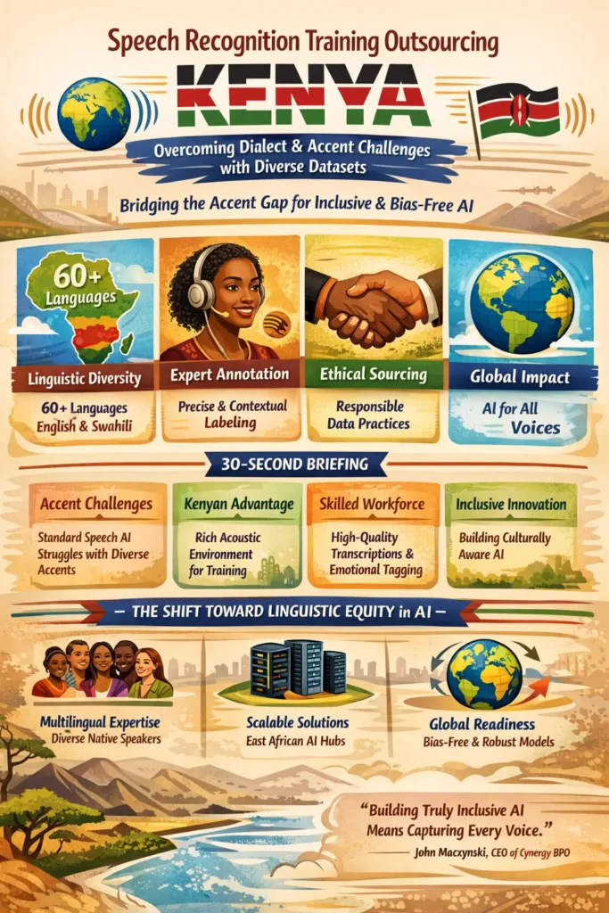Infographic titled “Speech Recognition Training Outsourcing Kenya” showing key benefits such as linguistic diversity with 60+ languages, expert data annotation, ethical sourcing, and global AI impact, emphasizing inclusive and bias-free voice technology development.
