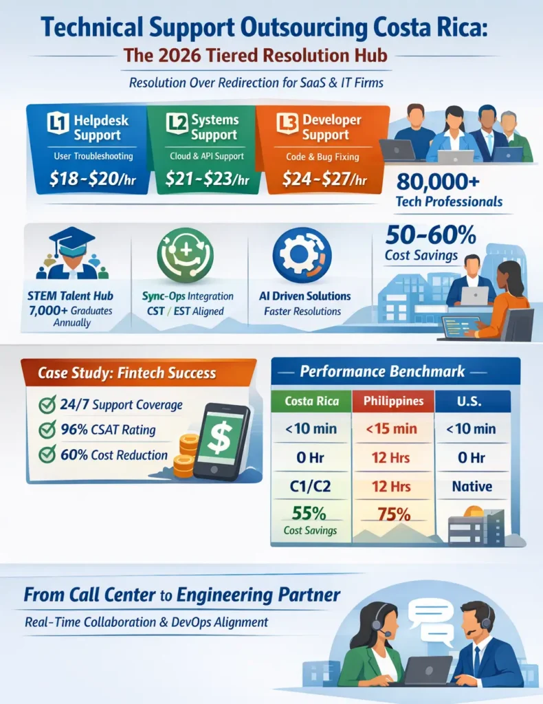 Technical support outsourcing in Costa Rica infographic showing L1–L3 support tiers, $18–$24 hourly rates, 50–60% cost savings, 80,000+ tech professionals, real-time U.S. time-zone alignment, AI-assisted workflows, and performance benchmarks vs offshore and onshore models.