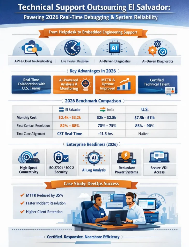 Technical support outsourcing in El Salvador infographic showing AI-driven debugging, real-time DevOps collaboration, cost benchmarks, and enterprise infrastructure for 2026 nearshore engineering support.