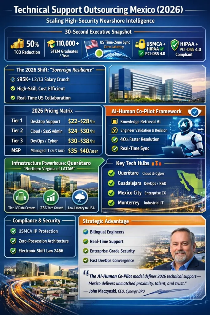 Infographic on technical support outsourcing in Mexico (2026) highlighting AI-human co-pilot model, nearshore cost savings, Querétaro data center hub, pricing tiers, and compliance frameworks like USMCA, HIPAA, and PCI-DSS.
