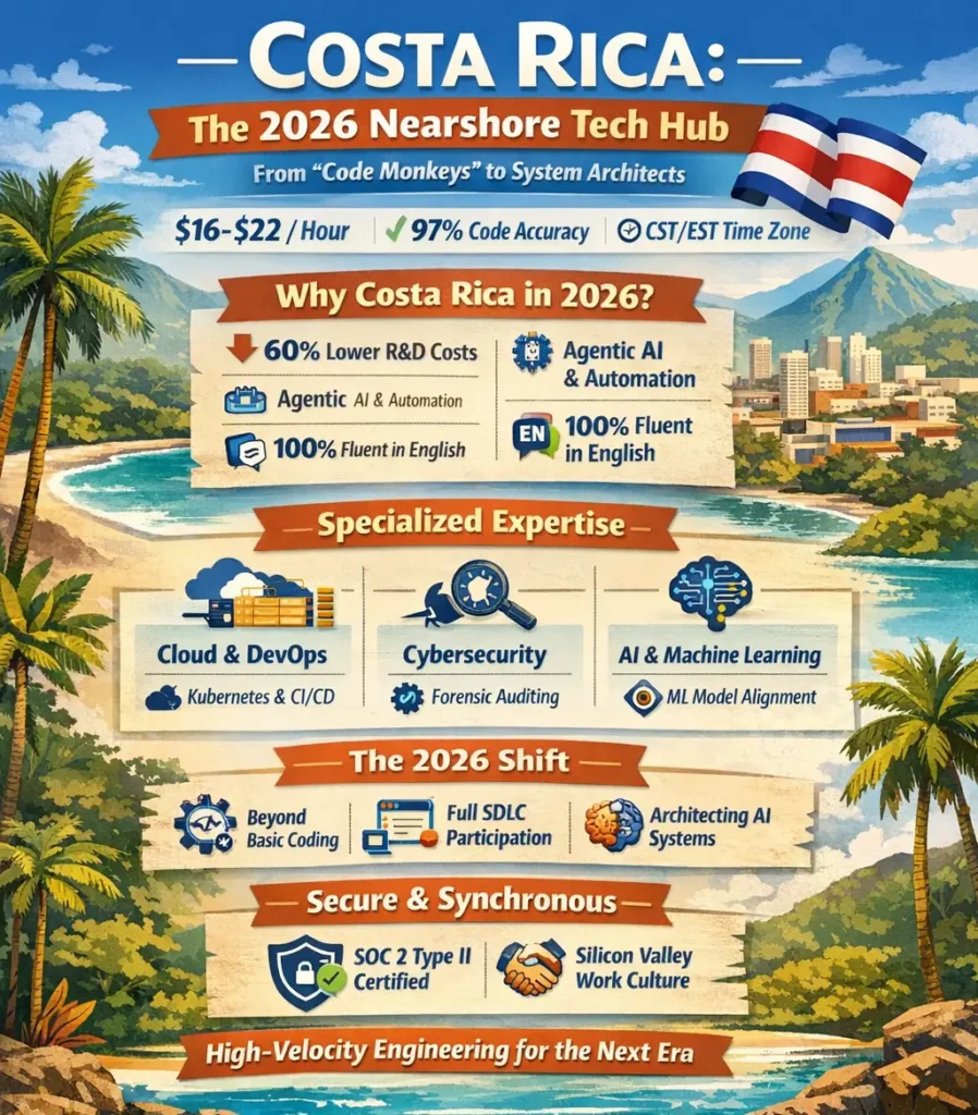 Infographic showing Costa Rica as the 2026 nearshore hub for technology outsourcing, highlighting $16–$22 hourly rates, 97% code accuracy, real-time CST/EST collaboration, Agentic AI engineering, DevOps, cybersecurity, and AI/ML expertise.
