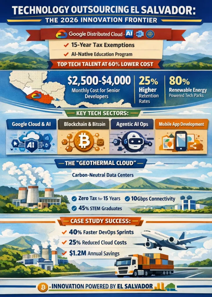 Technology outsourcing El Salvador 2026 infographic showing $2,500–$4,000 developer costs, Google Cloud partnership, AI and blockchain capabilities, 80% renewable energy infrastructure, and 40% faster DevOps performance.