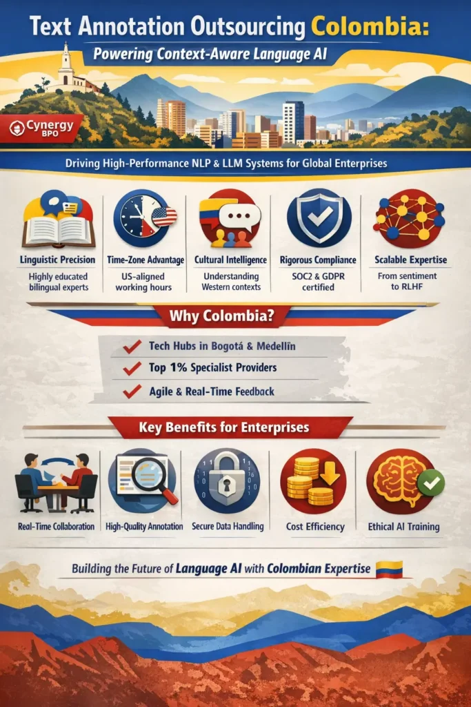 Text Annotation Outsourcing Colombia infographic highlighting bilingual expertise, real-time collaboration, cultural intelligence, compliance (SOC2/GDPR), and scalable NLP solutions for enterprise AI and LLM development.