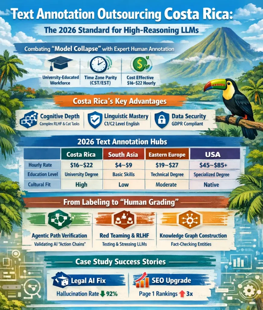 Text Annotation Outsourcing Costa Rica infographic showing $16–$22 hourly rates, high-reasoning RLHF capabilities, human grading workflows, and comparison with offshore and onshore hubs, highlighting 92% hallucination reduction and 3x SEO ranking improvement.