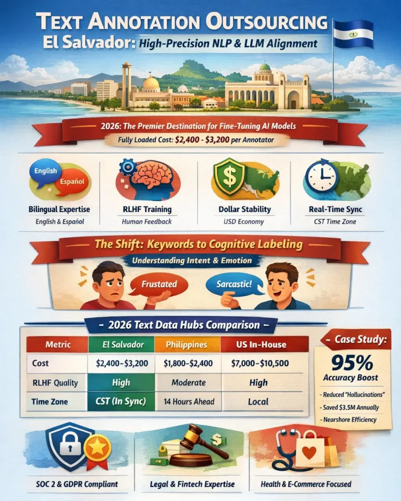 Text annotation outsourcing in El Salvador infographic showing bilingual NLP expertise, RLHF training, $2,400–$3,200 monthly cost, real-time CST collaboration, and 95% accuracy improvement for LLM alignment.