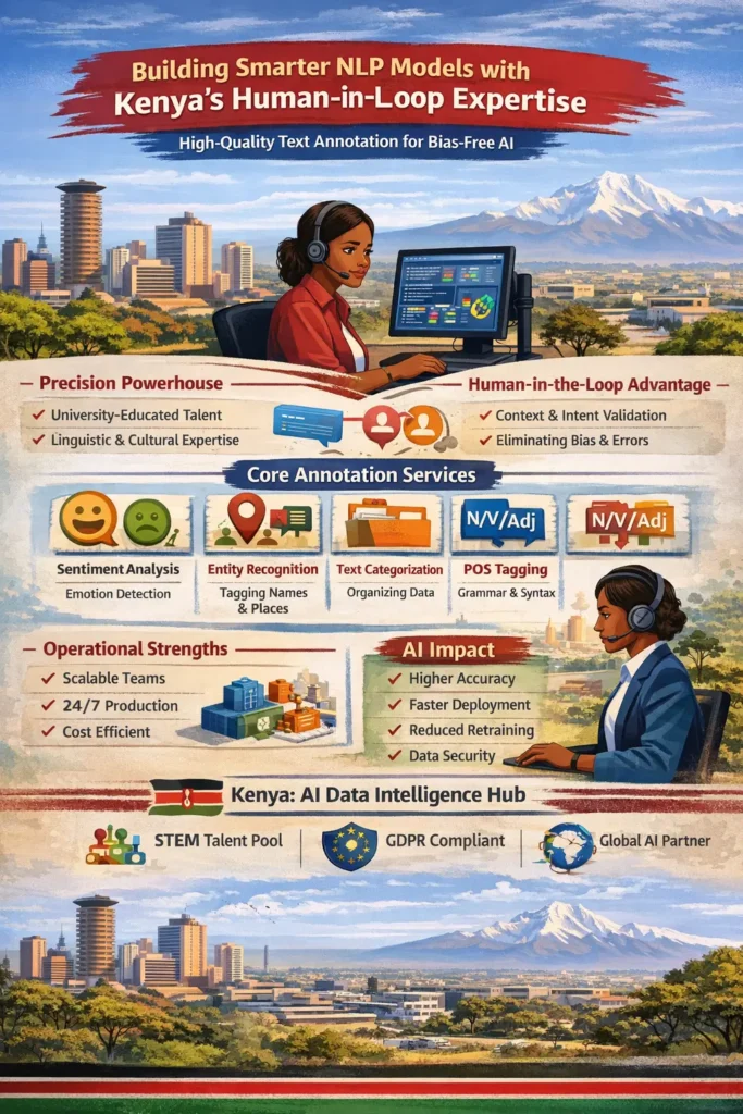 Infographic titled “Building Smarter NLP Models with Kenya’s Human-in-the-Loop Expertise” showing a Kenyan data annotator working on a computer with Nairobi skyline and Mount Kenya in the background, highlighting text annotation services like sentiment analysis, entity recognition, text categorization, and POS tagging, along with benefits such as higher AI accuracy, scalability, cost efficiency, and bias reduction.