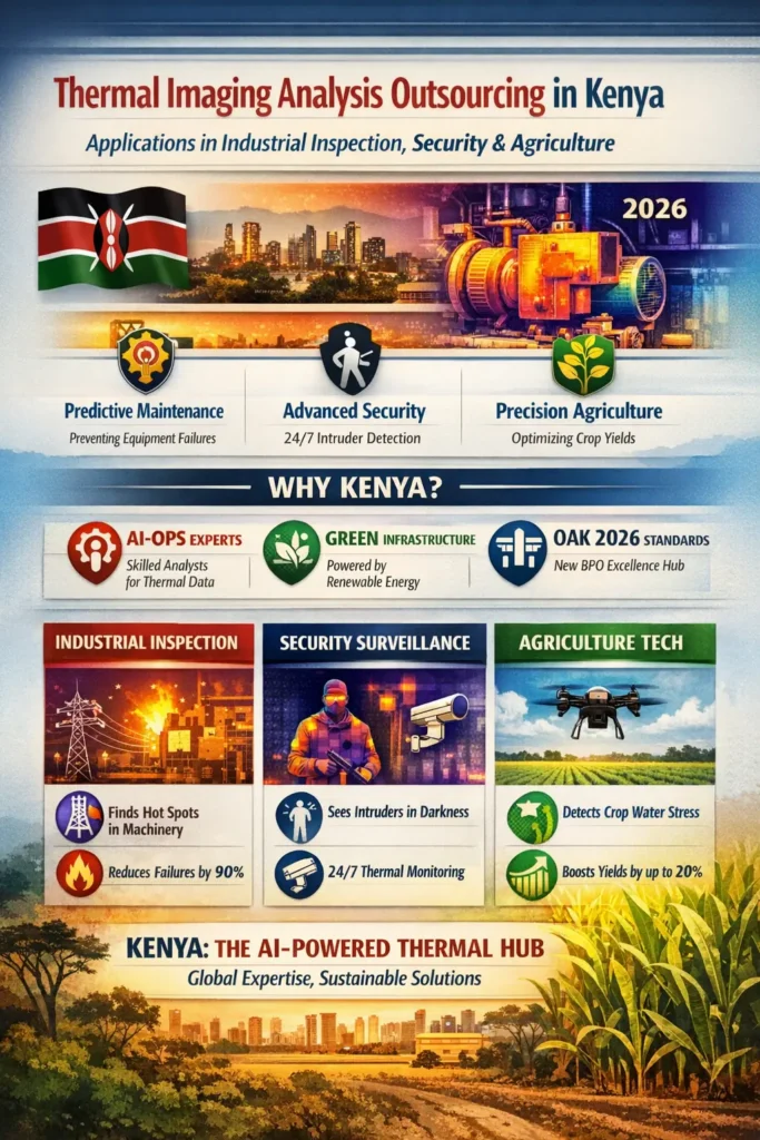 Thermal imaging analysis outsourcing in Kenya infographic showing predictive maintenance, security surveillance, and precision agriculture applications powered by AI-ops and renewable infrastructure.