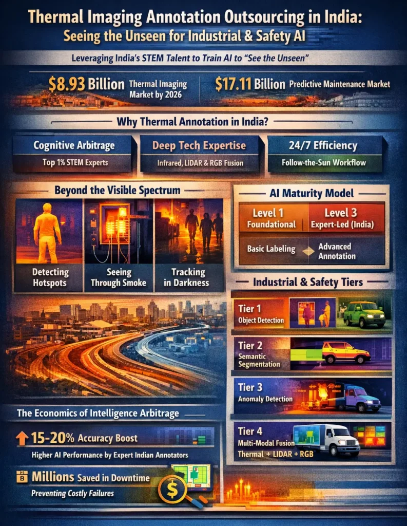 Infographic showing thermal imaging annotation outsourcing in India, highlighting AI training for predictive maintenance, autonomous vehicles, multi-modal sensor fusion, and the role of STEM experts in improving model accuracy.