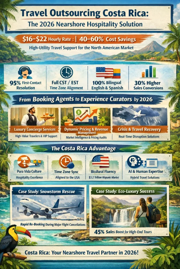 Travel outsourcing Costa Rica infographic showing $16–$22 hourly rates, 40–60% cost savings, 95% first-contact resolution, bilingual English-Spanish support, time zone alignment with CST/EST, and key services like luxury concierge, crisis re-booking, and AI-human hybrid travel support.