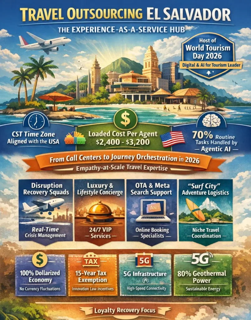 Travel outsourcing El Salvador infographic showing 2026 experience-as-a-service model with $2,400–$3,200 monthly cost, CST-aligned real-time support, 70% AI automation, specialized travel pods, and 5G-powered infrastructure for airline and hospitality operations